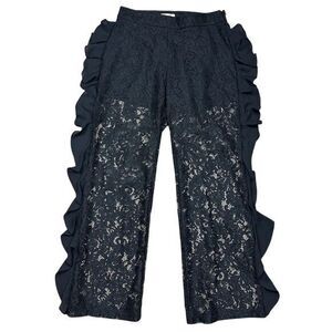 La Pateau Women's Black Wide-Leg Lace Ruffle Pants Size‎ 38/S Goth Punk Edgy